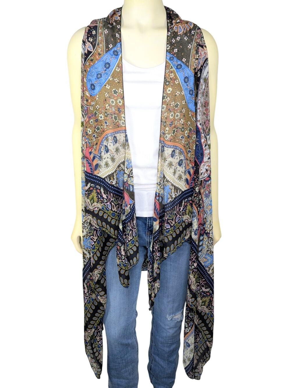 Sleeveless Kimono Topper OS Paisley Boho Festival Semi Sheer Flowy Asymmetric